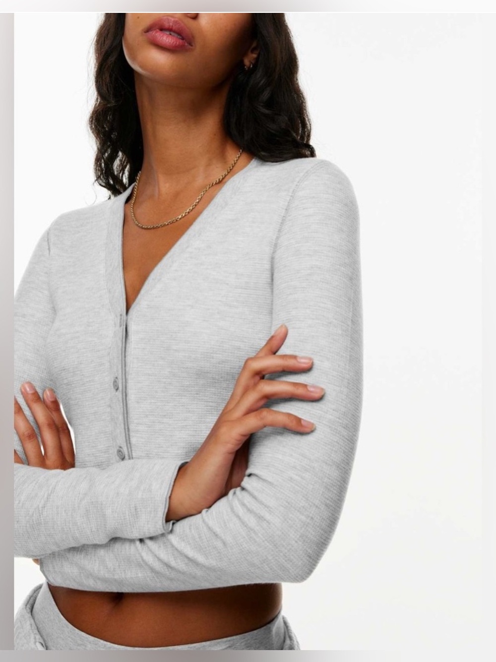 Aritzia TNA Wafflex Stopover Grey Long Sleeve Button Down Waffle Shirt Top M - Picture 2 of 10